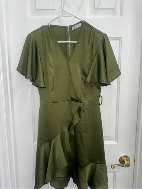 Pilgrim Olive Green Ruffle Wrap Mini Dress